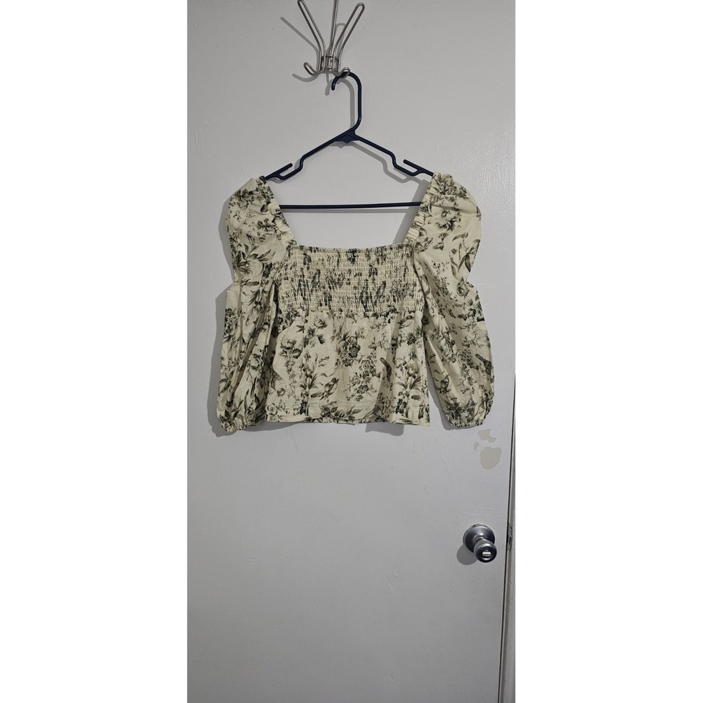 Kourt Women's Smocked‎ Floral Top Small Linen Polyester Blend Green Y2K Preppy - Picture 7 of 8